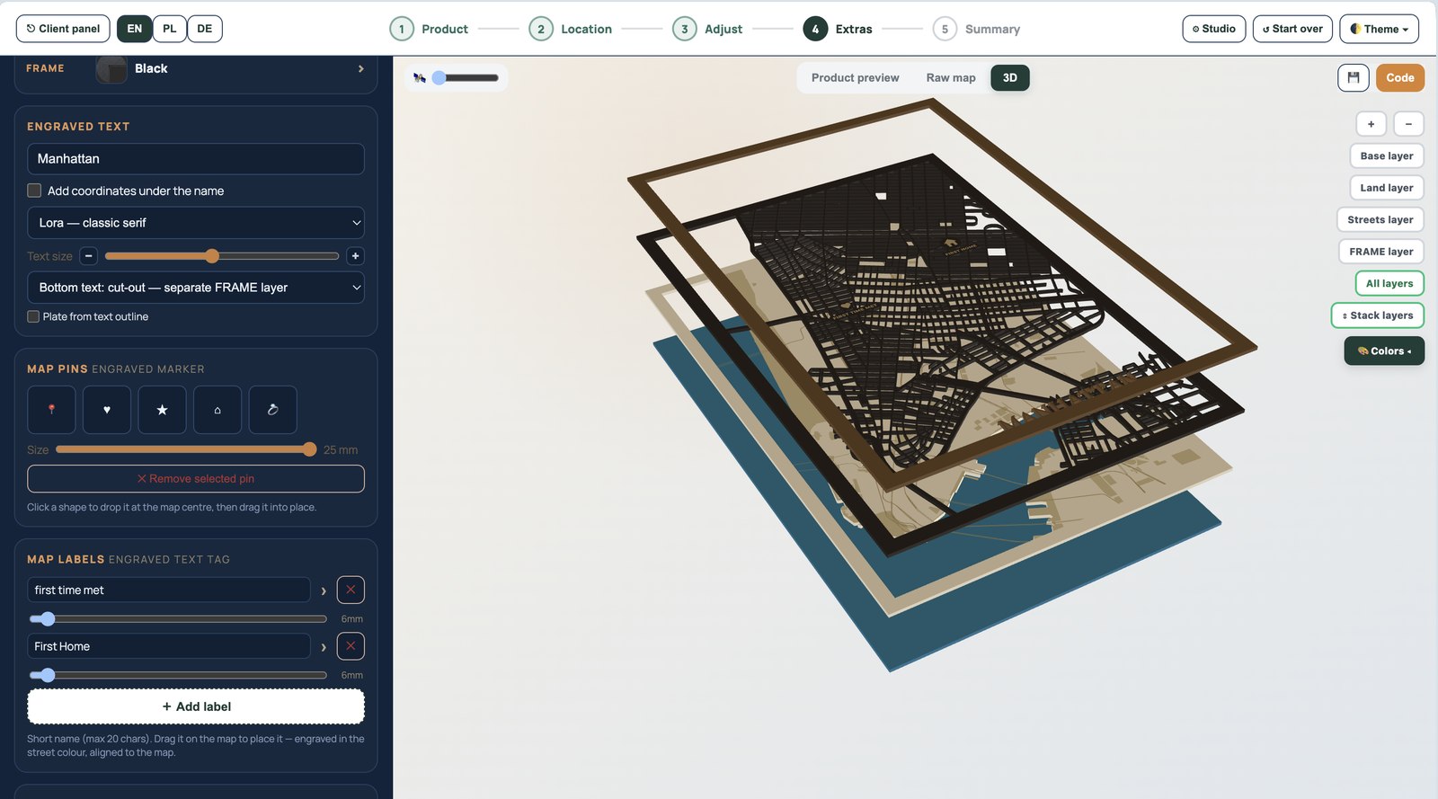 Maperivo designer — 3D exploded preview showing frame, streets, land and water on separate layers, with the full design panel