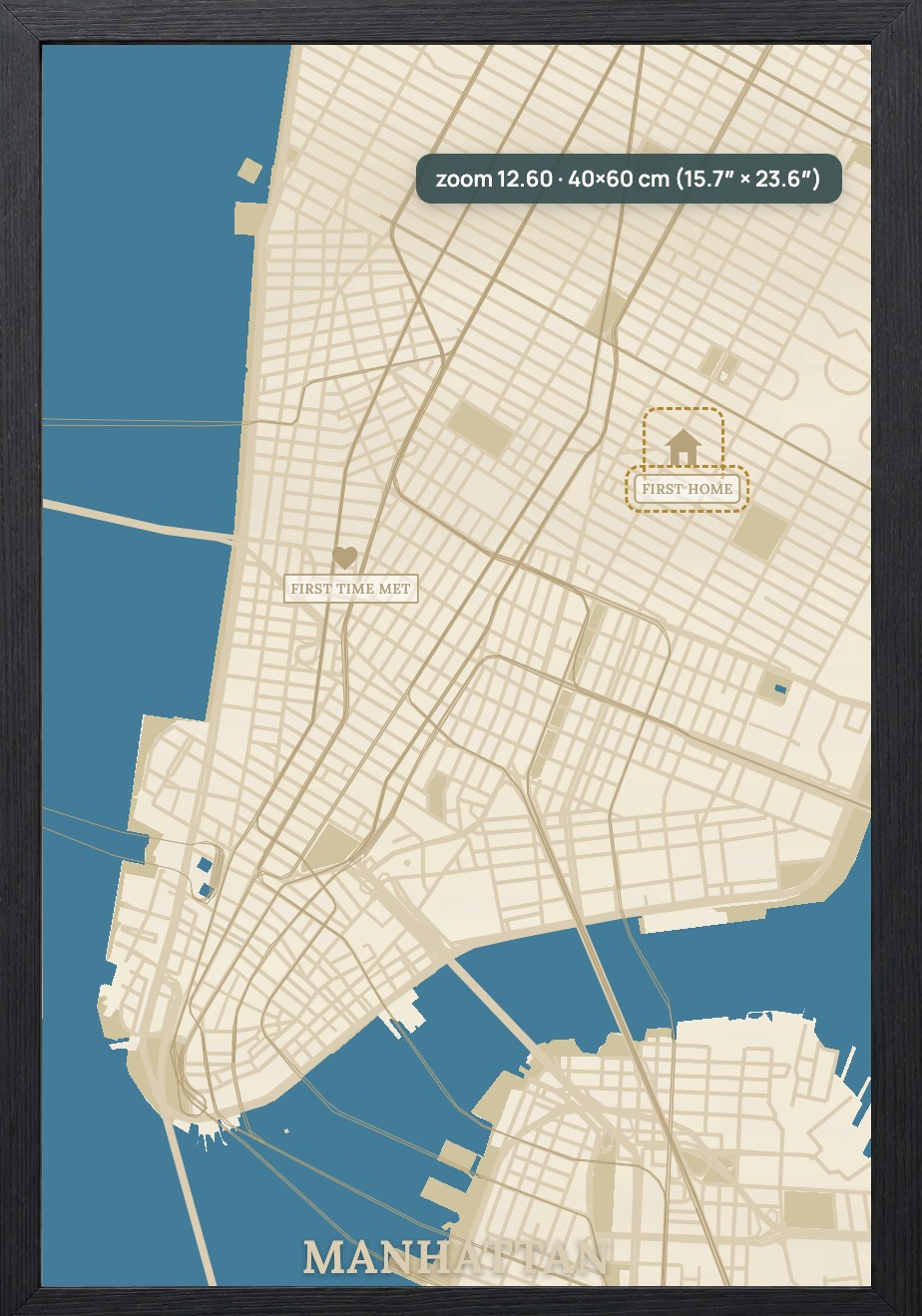 Ready-to-cut Manhattan map with FIRST HOME and FIRST TIME MET pins