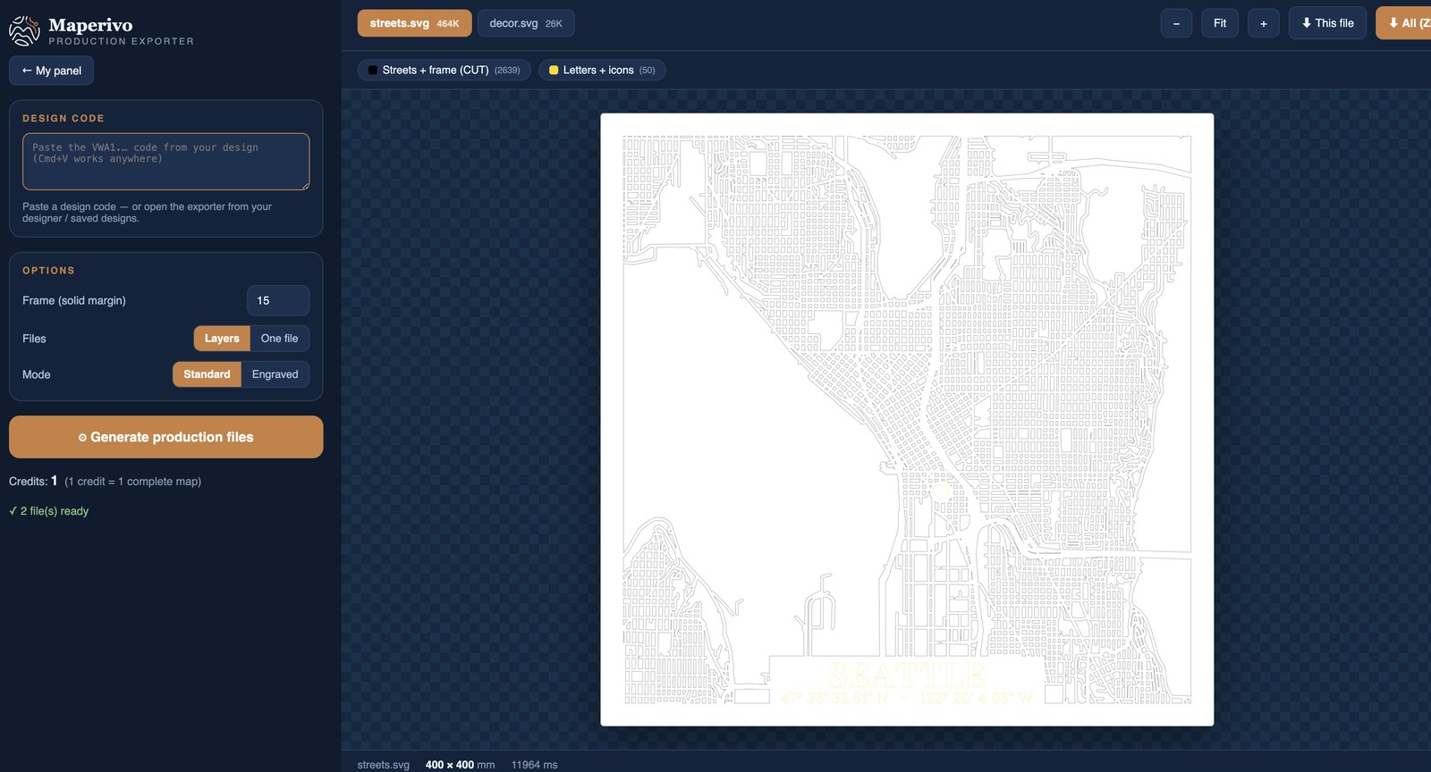 Maperivo exporter — layered production SVG of Seattle